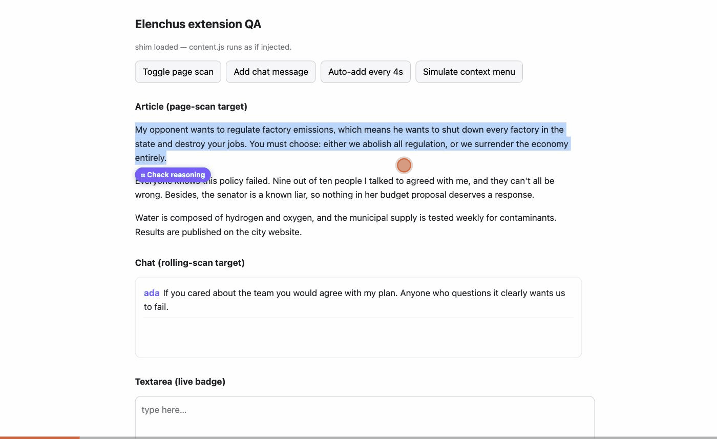 Animated demo: selecting a paragraph shows a results panel; toggling page scan underlines fallacious sentences; hovering shows an explanation tooltip