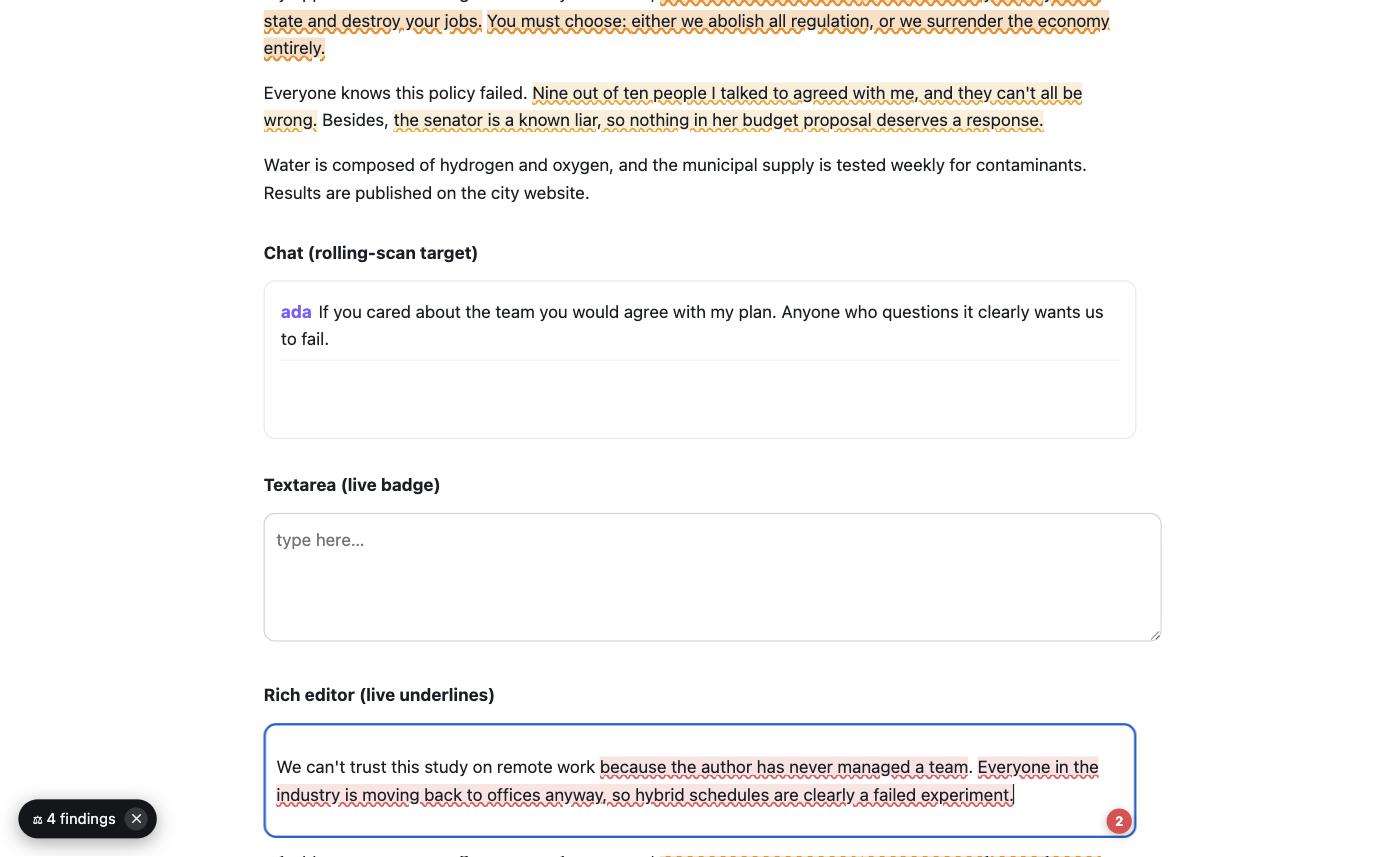 Live writing mode: red wavy underlines under weak arguments in a rich-text editor with a findings count badge