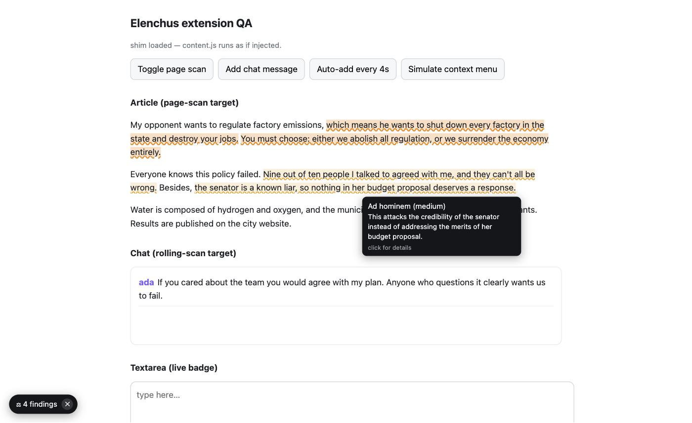 Page scan mode: amber underlines on fallacious sentences in an article, with a tooltip explaining an ad hominem
