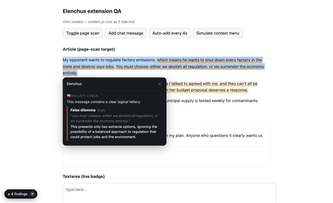 Selection check: a highlighted paragraph with a results panel identifying a false dilemma